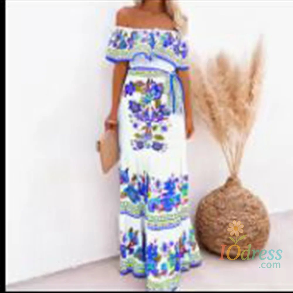 IO Dress 2024 New Independent Stand Amazon Off-Shoulder Red Flower Printing Long Dress Large Sweep Dress European Spring Summer Fashion