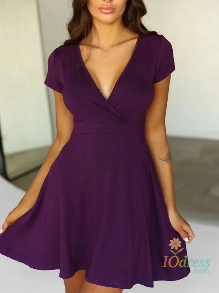 IO Dress Elegant V-Neck Short Sleeved Mini Dress Women's Solid Color A-Line Dresses Summer Daily Dress