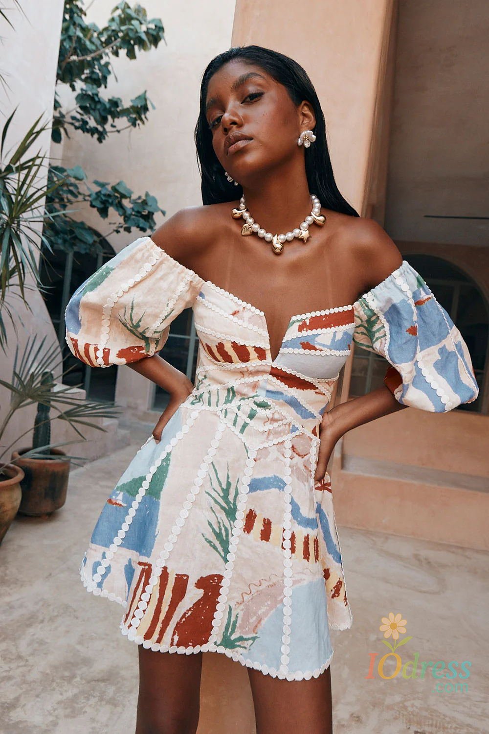 IO Dress Women Vintage Print Patchwork Mini Dress Summer Sexy Fashion Elegant Short Sleeve Bodycon Off Shoulder Backless Party Dresses