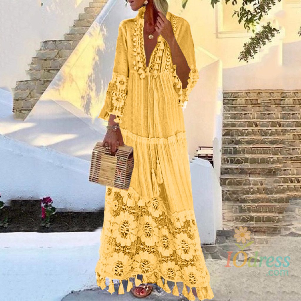 IO Dress Ladies Bohemian V-Neck Tassel Large Size Casual Dress Women Lace Solid Fashion Dress Elegant Robe Boho Holiday Long Dress
