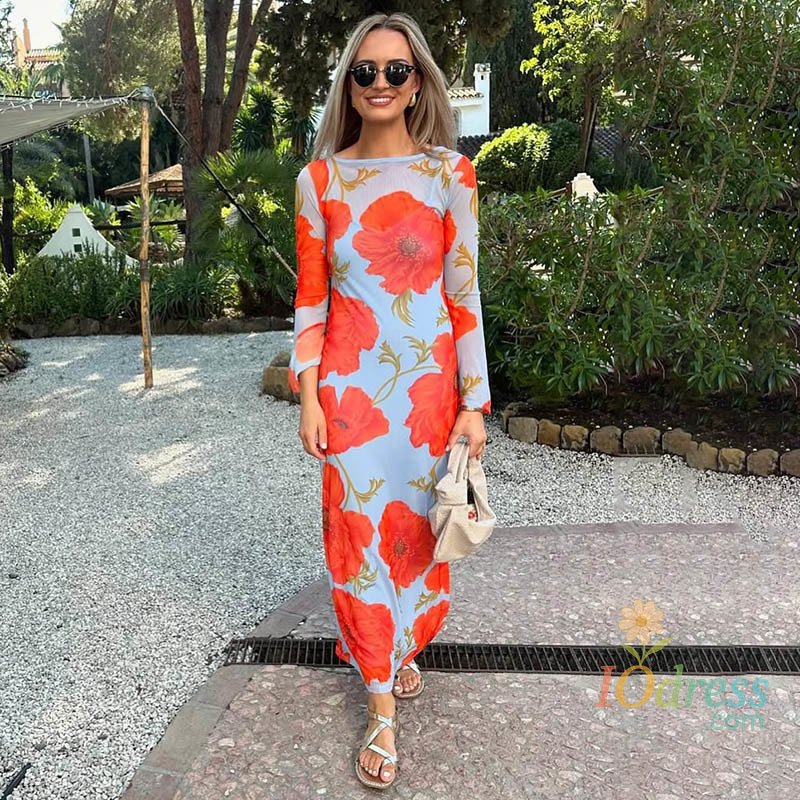 IO Dress Blifanbo Print Flower Elegant Maxi Dress Women O Neck Fashion Long Sleeve Slim Sexy Print Patchwork Female Holiday Long Dress
