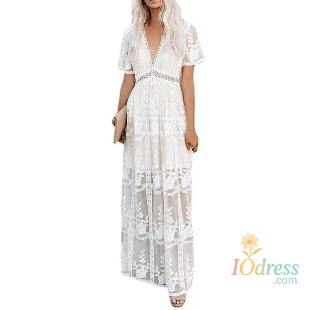 IO Dress Summer Boho Women Maxi Dress Loose Embroidery White Lace long Tunic Beach Dress Vacation dresses for women 2022 evening dresses