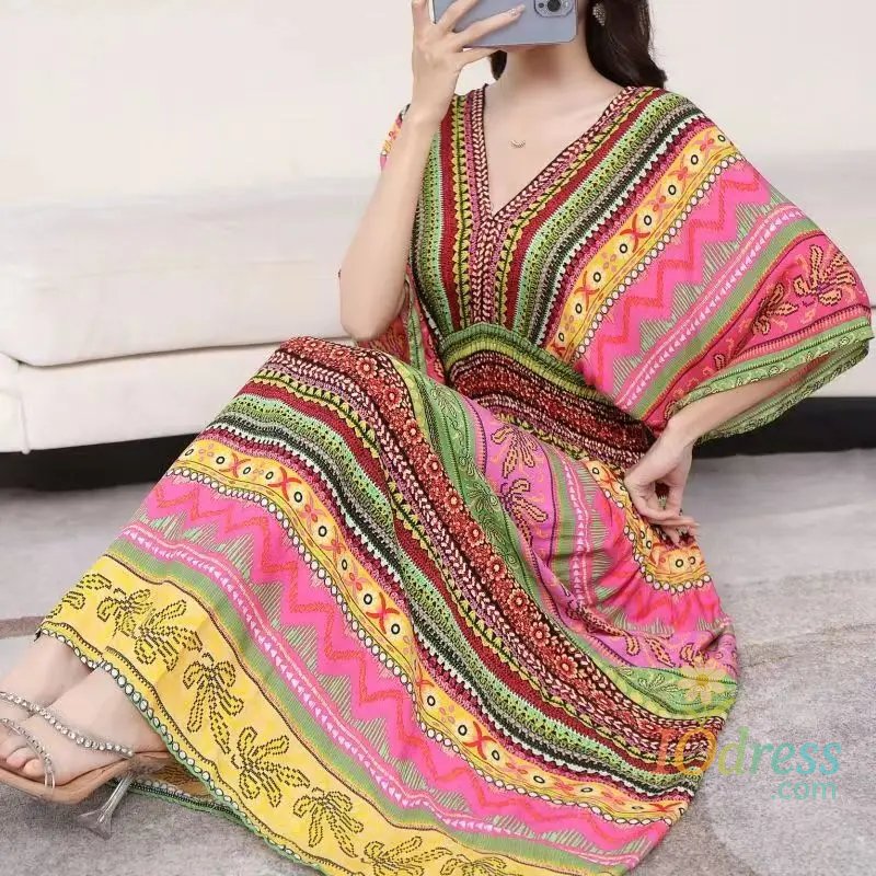 IO Dress Casual Elegant Retro Bohemian National Style V-neck Elastic  Waist Large Swing Printed Summer Long Skirt Woman Dress Clothes