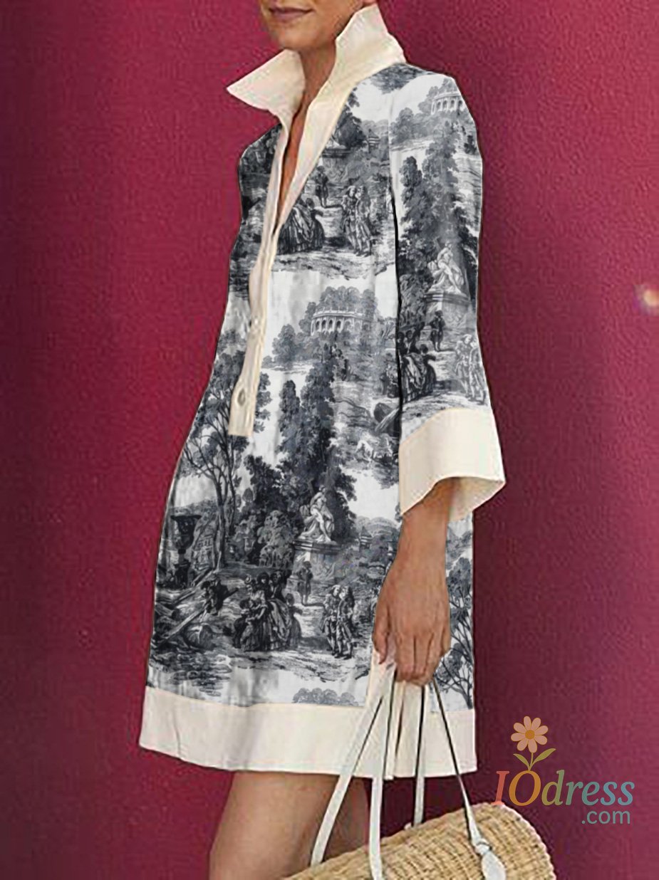 IO Dress Yeezzi Female Vintage Elegant Printed Party Evening Mini Dresses 2025 New Long Sleeves Loose H-line Lapel Shirts Dress For Woman