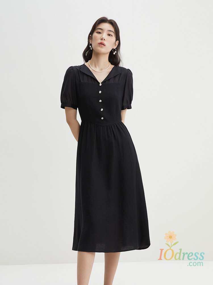 IO Dress DUSHU Fake Two-piece Waist Up Dress 2024 Summer New Style Temperament V-neck Bubble Sleeves Yellow Black Women Dress 24DS82134
