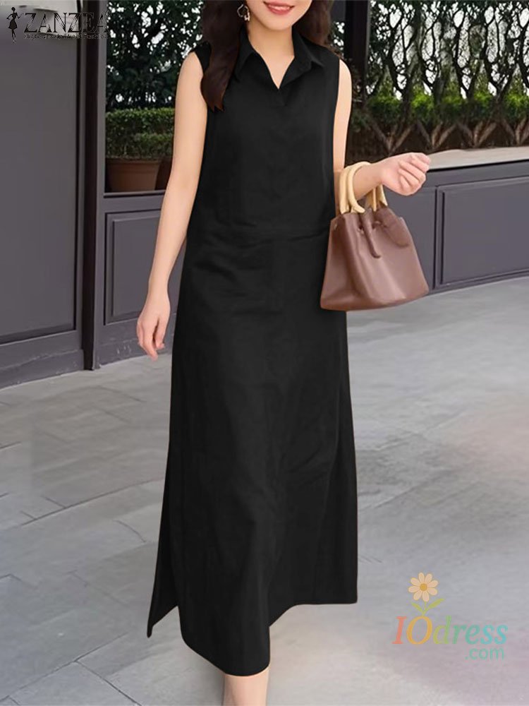IO Dress 2025 Summer Sleeveless Sundress Shop Women Long Dress Elegant Work OL Dresses Casual Lapel Neck Solid Vestidos Split Hem Robe