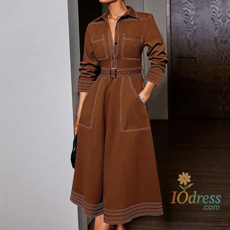 IO Dress Krisstargirls 2025 Trendy Autumn Button Down Lapel Brown Shirt Maxi Dress Woman Spring Pockets Women A-line Long Dresses Belt