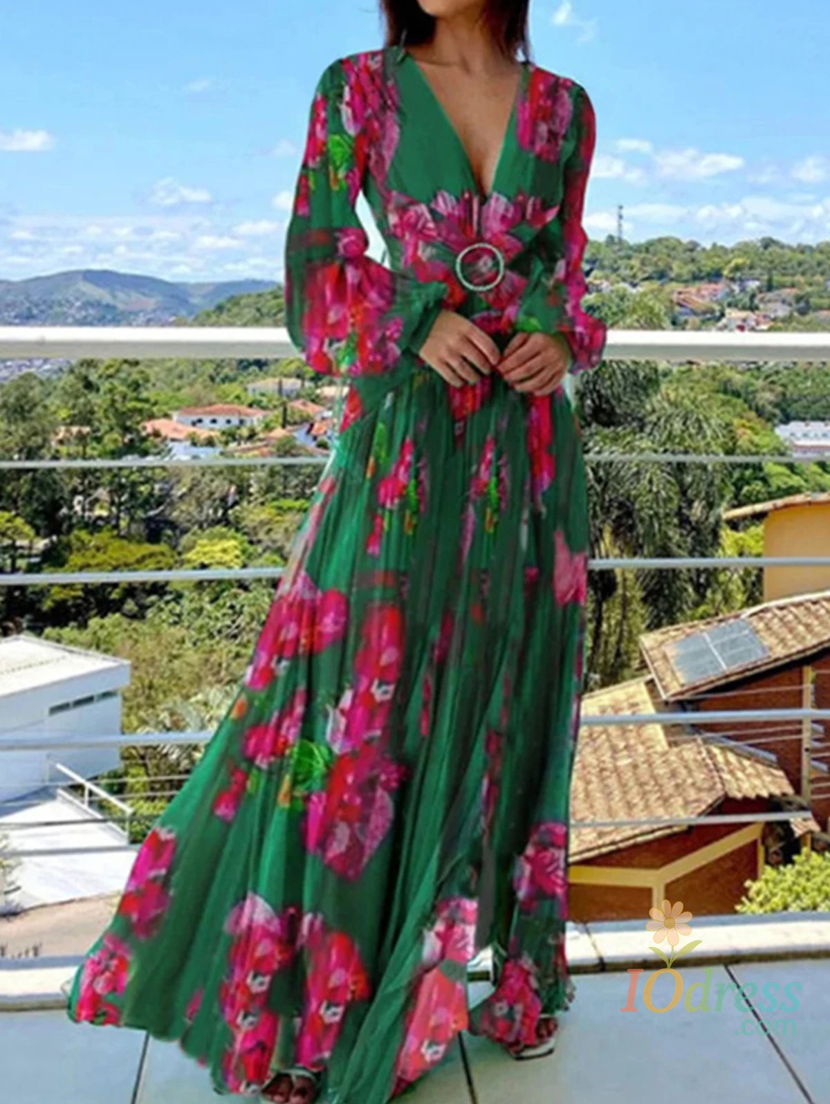 IO Dress Sexy Deep V Neck Printed Long Dress Women Fashion Lantern Sleeveless Vestidos 2025 Summer Lady Beach Style Maxi Pleated Dress