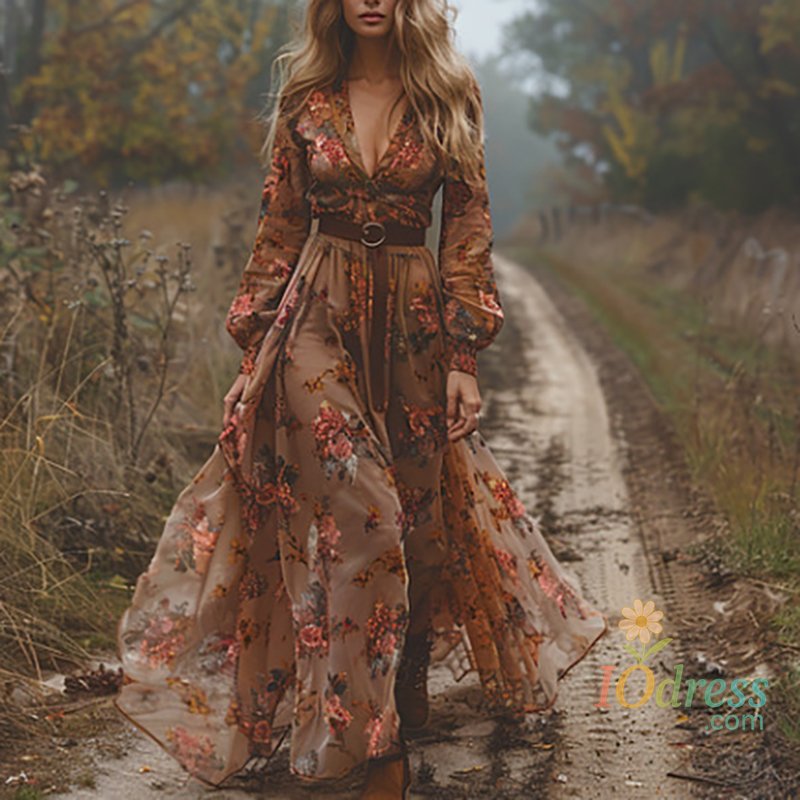 IO Dress Vintage Pattern Printed High Waist Robe Dress Casual Women V-neck Pleated Bohemian Dress 2024 Autumn Long Sleeved Pleated Dress