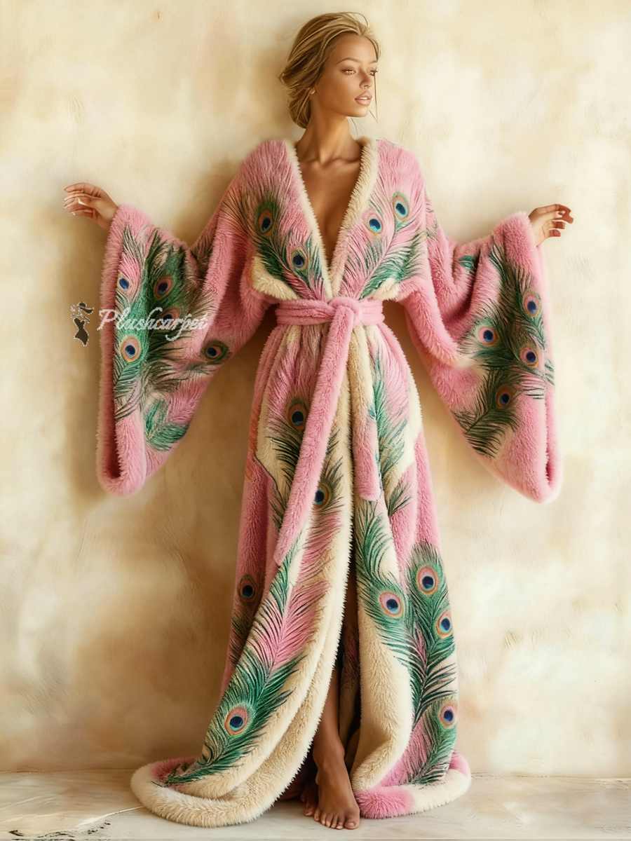 Abstract Art Print Kimono Long Gown Autumn and Winter Robe With Belt