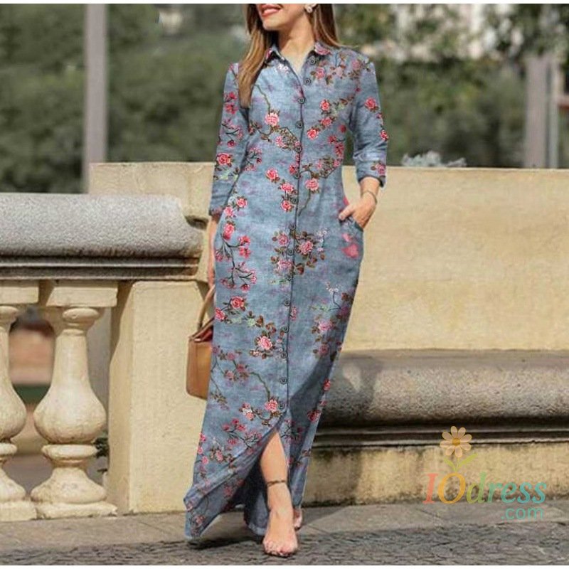 IO Dress Elegant Women's Casual Positioning Printed Pocket Collar Dress Spring And Autumn Fashion Long Sleeve Loose Button Long Dresses 