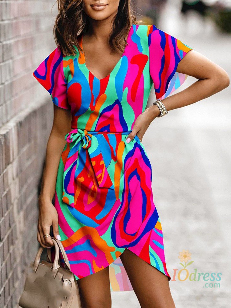 IO Dress Summer V Neck Print Dresses For Women Elegant Office Ladies Dress Fashion Short Sleeve Casual Boho Beach Party Dress Robe Femme