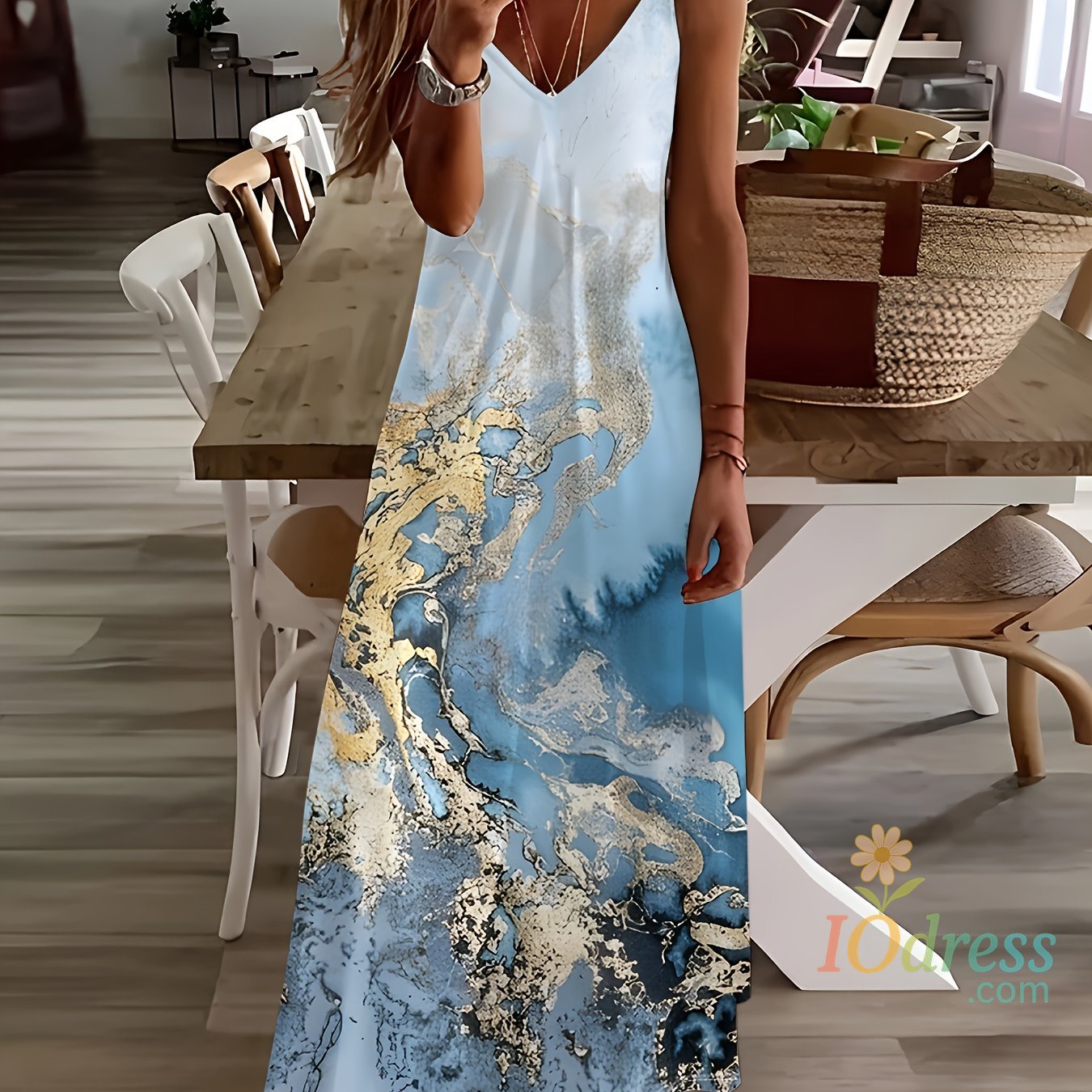 IO Dress Women's Casual Fashion Loose V Neck Spaghetti Straps Long Dress Fresh Flower Print Maxi Dress Summer Beach Vacation Long Dress