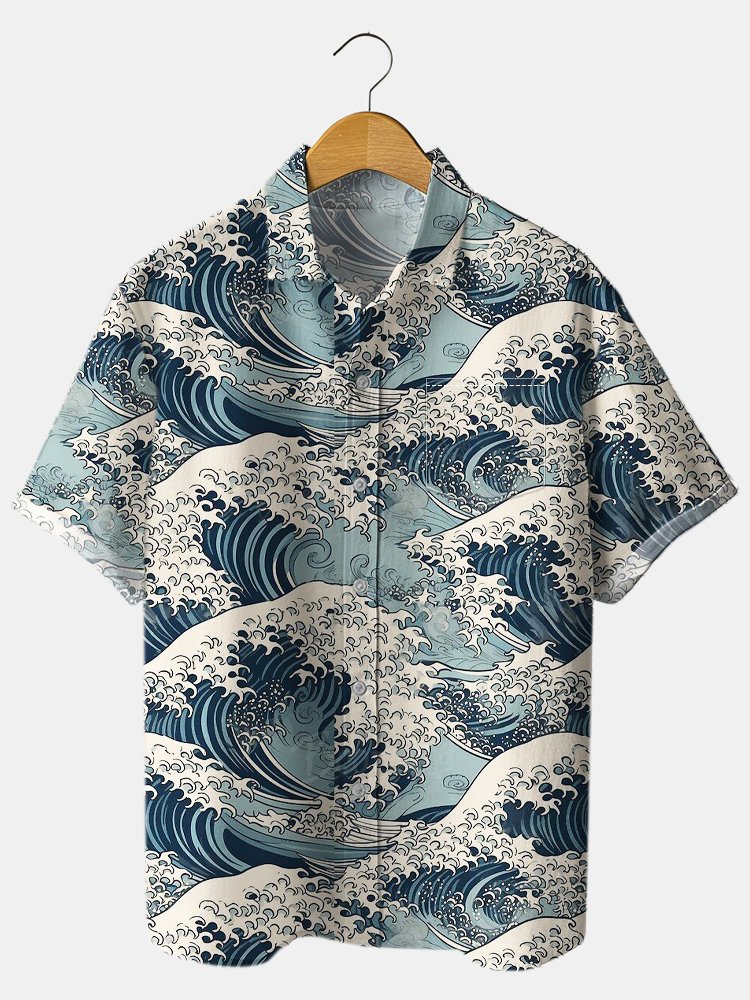 Ukiyo-E Waves Cotton-blend Pleated Shirt
