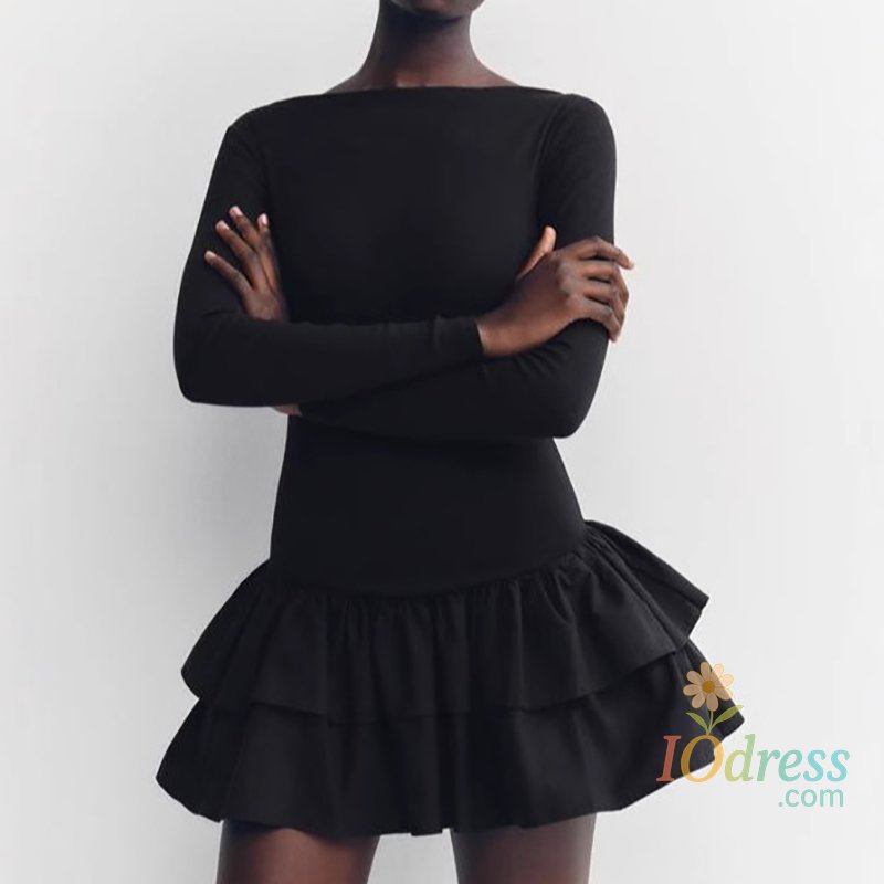 IO Dress Women Fashion Solid Tierred Ruffle A-Line Dress Spring Elegant O Neck Slim Fit Mini Dress Autumn Long Sleeve Simple Boho Dresses