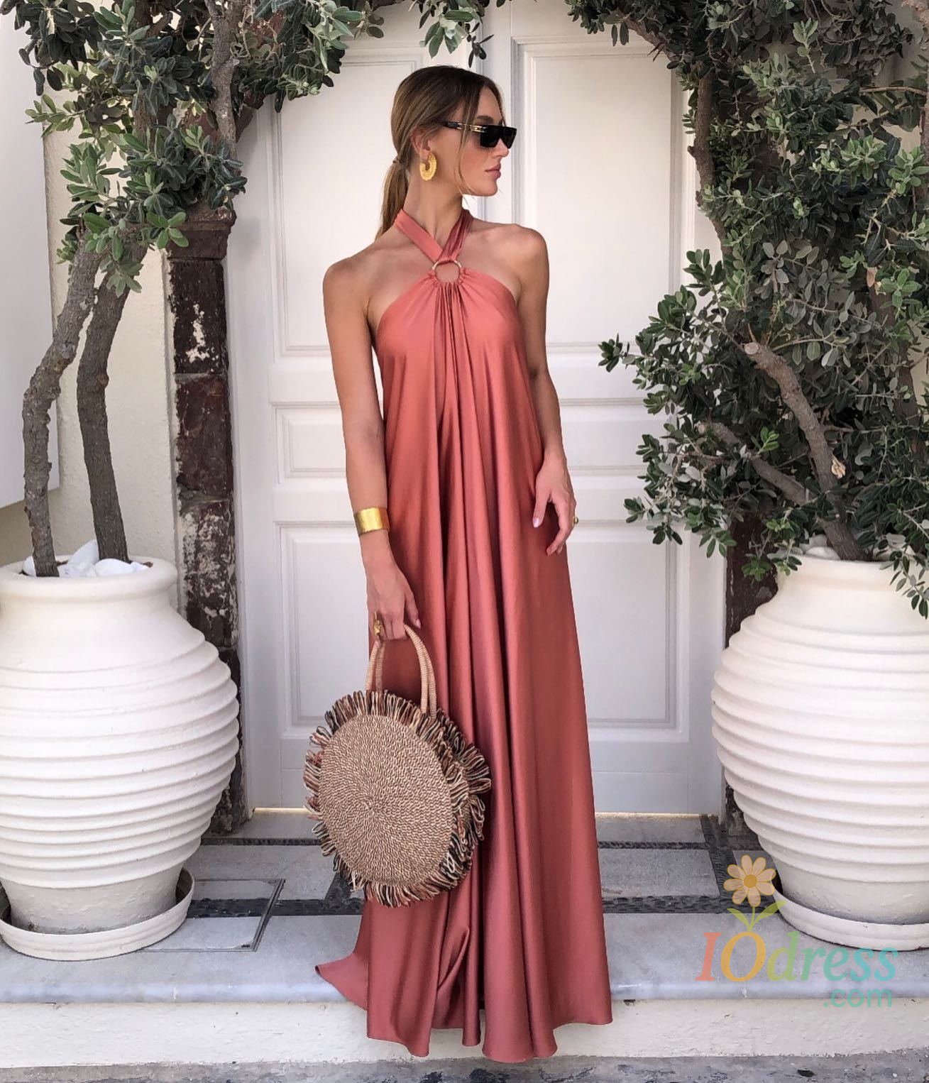 IO Dress Summer Women's Sexy Sleeveless Hanging Neck Hollow Satin Suspender Fashion Lace Up Large Swing Long Backless Dress