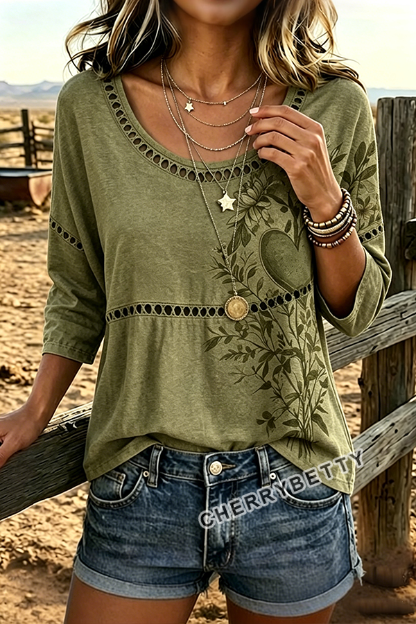 トップス cherryboy407 Vintage Heart Print Hollow Out Top