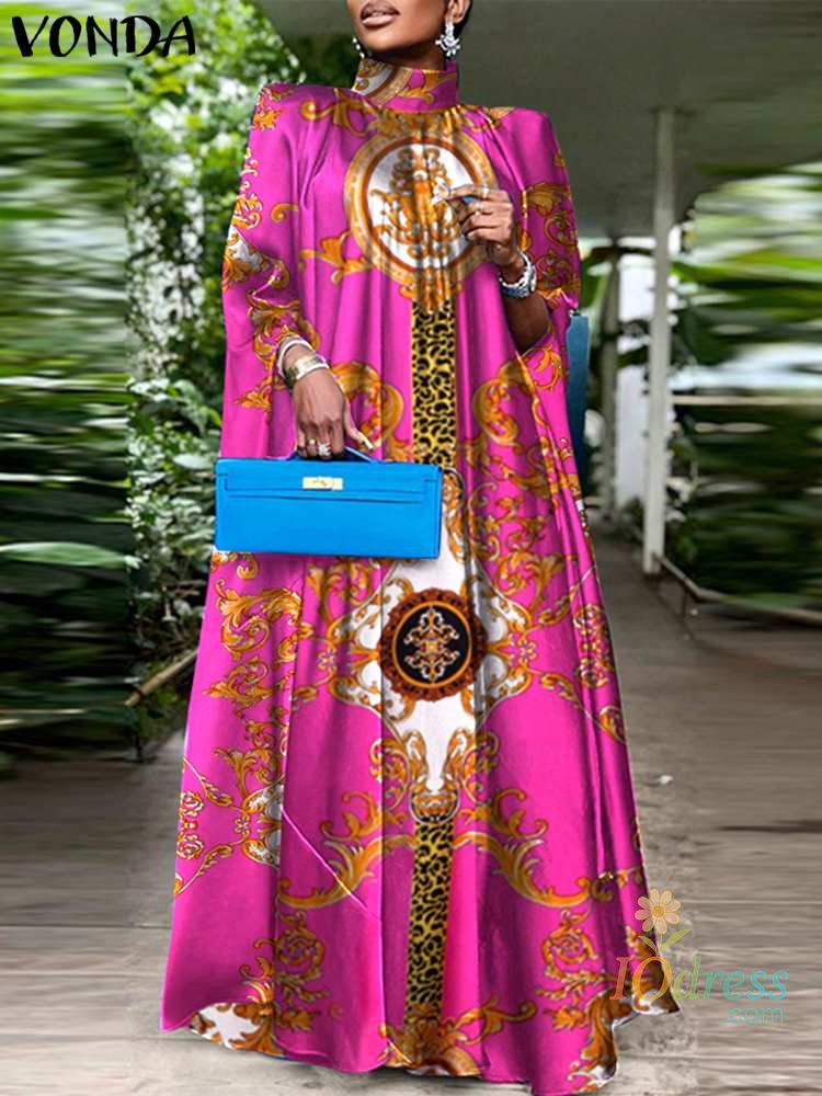 IO Dress Plus Size 5XL VONDA Women Party Sundress Bohemian Stand Collar Sleeveless Print Maxi Dress Casual Bat Sleeve Satin Long Vestidos