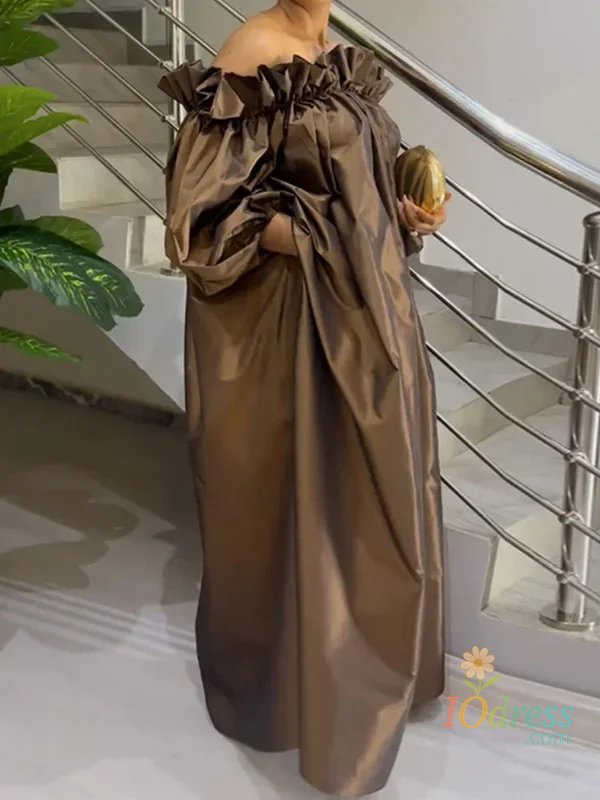 IO Dress Women Fashion Falbala Elegant Evening Maxi Dresses  New Spring Puff Sleeves Pleated Off-The-Shoulder Party Prom Dress