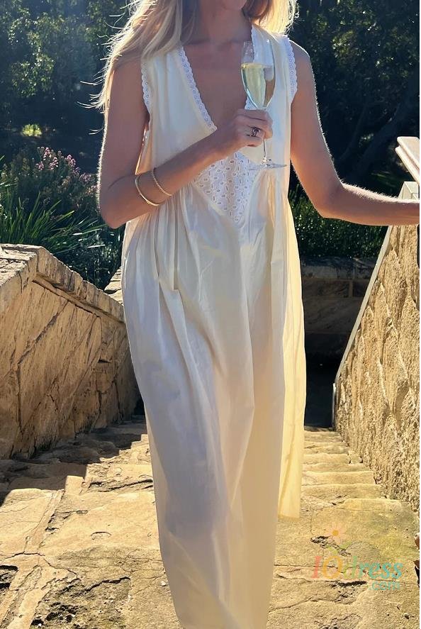 IO Dress Women Comfortable Casual Vintage Cotton Robe Dress Summer Solid Color V Neck Pullover Sleeveless Gown Hot Sale S M L
