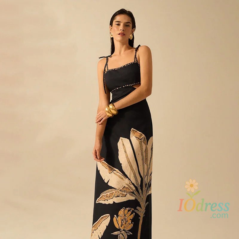 IO Dress Chic Printed Backless Halter Dress Lace Up Slimming Maxi Dresses High Waist  Party Robes 2025 New Lady Vacation Party Clothing