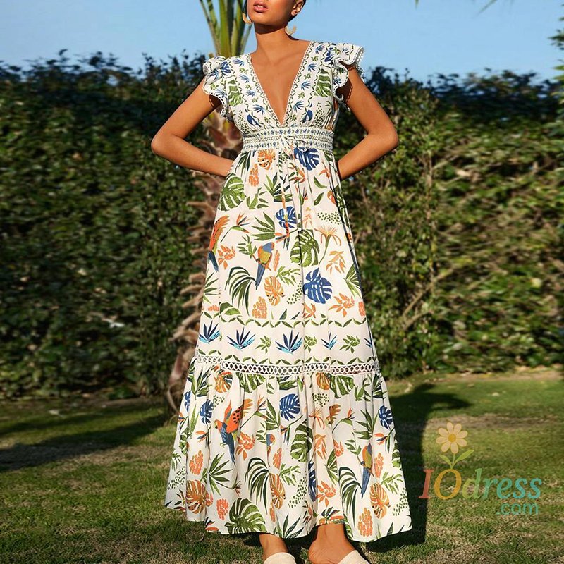 IO Dress 2025 Summer Elegant V-neck Draped Resort Dress Women Casual Sleeveless Swing Long Dress Fashion Floral Print Holiday Dress Mujer