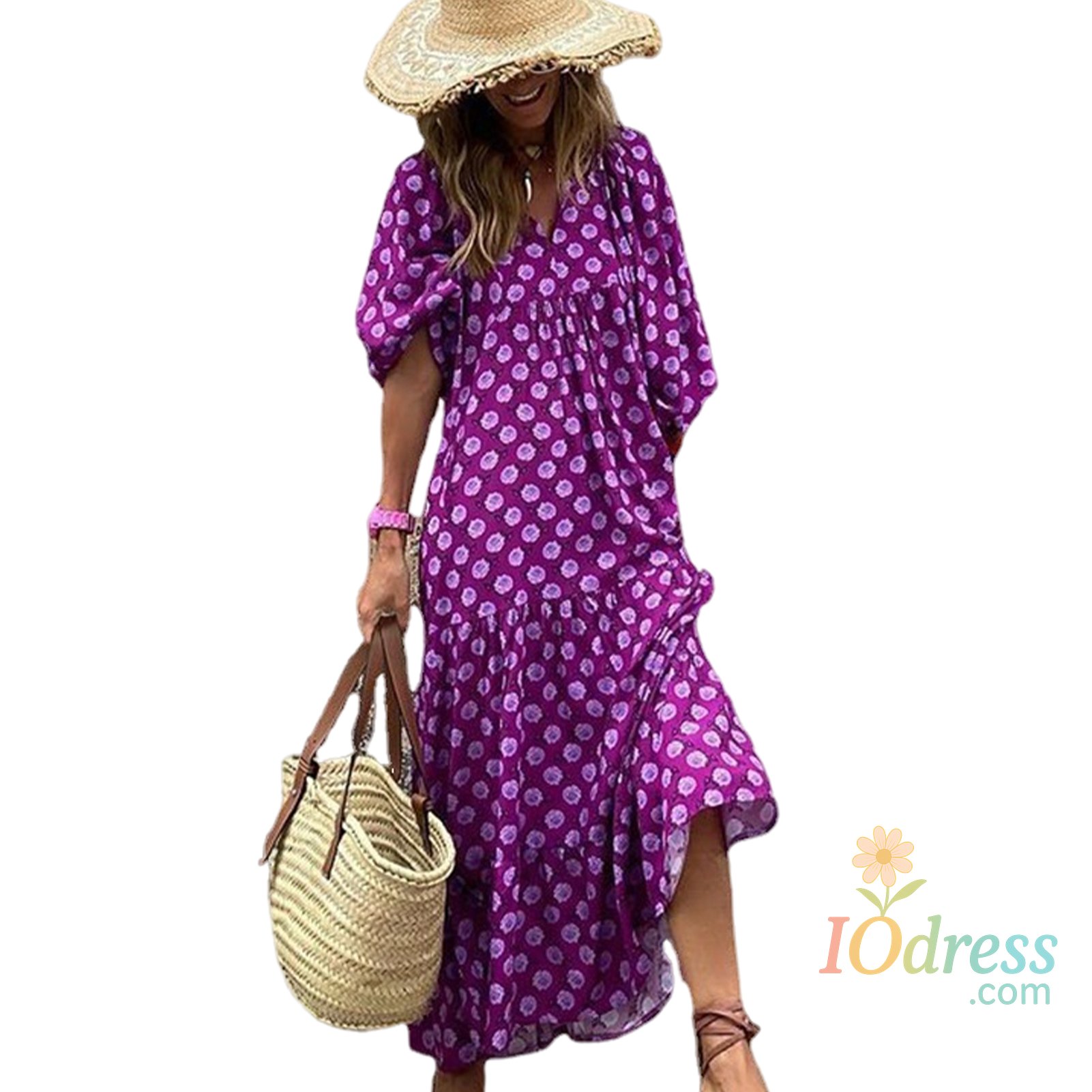 IO Dress Women Spring Dress Bohemian Casual Color Matching V-neck Loose Dress-up Geometric Print Lantern Sleeves Lady Maxi Dress