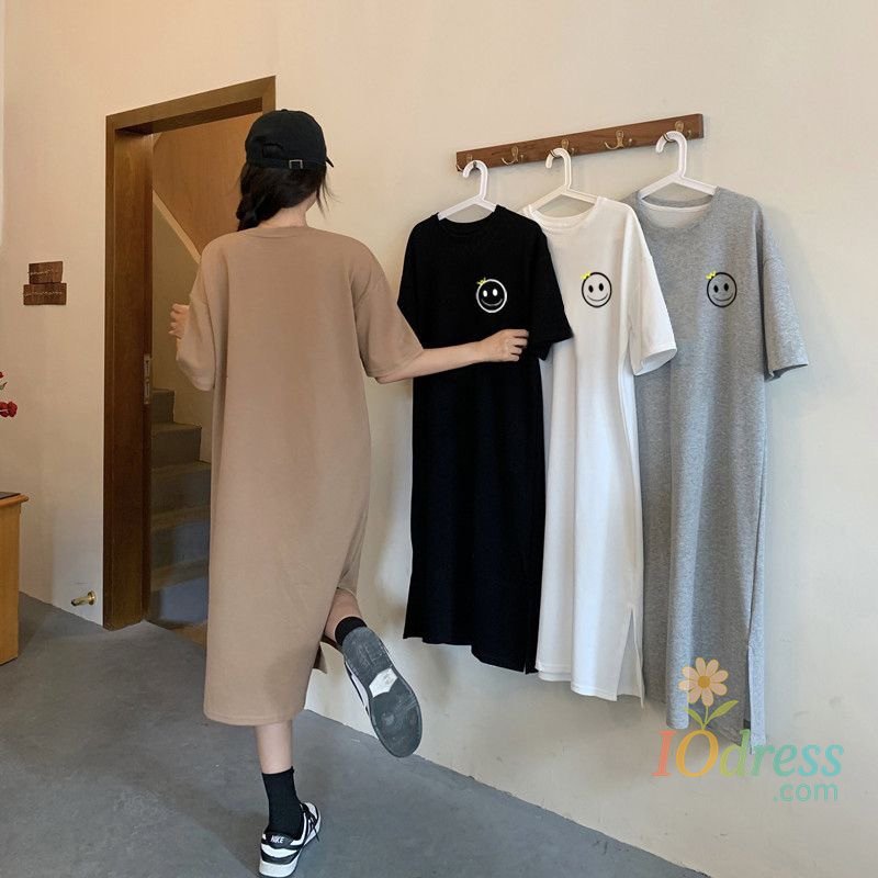 IO Dress Plus Size Loose Short Sleeved Dress Women Korean Style Comfortable Casual Slit Dress