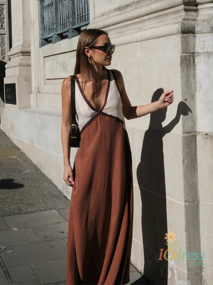 IO Dress Women Fashion Patchwork V Neck Maxi Dress 2025 Summer Casual Loose Sleeveless Sling Long Dress Female Beach Party Vestido Largo