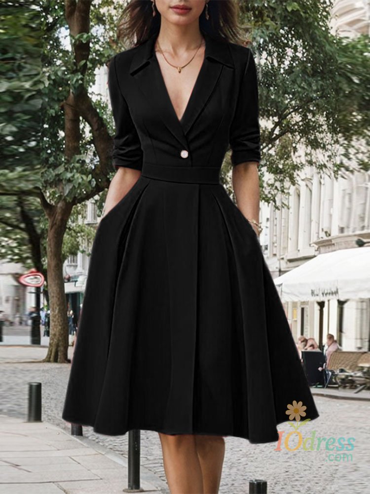 IO Dress Shop 2025 Summer Dresses Women Fashion Suit Collar Waisted Office Lady Vestidos Vintage Sundress Half Sleeve Solid Party Robe