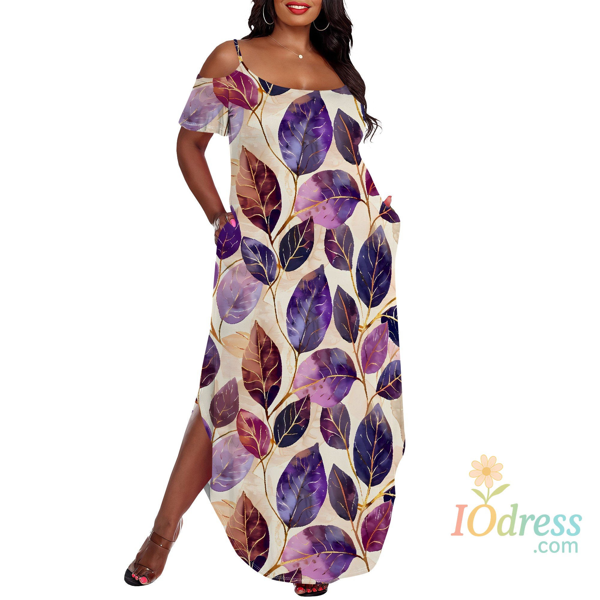 IO Dress Plus Size Cold Shoulder Maxi Dress for Women Boho Leaf Print Spaghetti Strap Loose Summer Holiday Dress with Side Slit