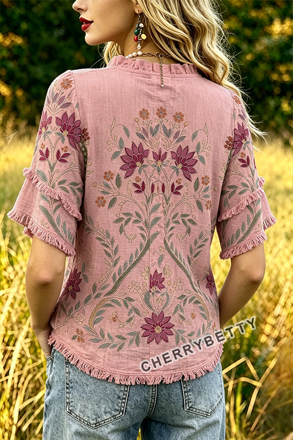 トップス cherryboy407 Retro Floral Print Ruffle Neck Frayed Hem Top