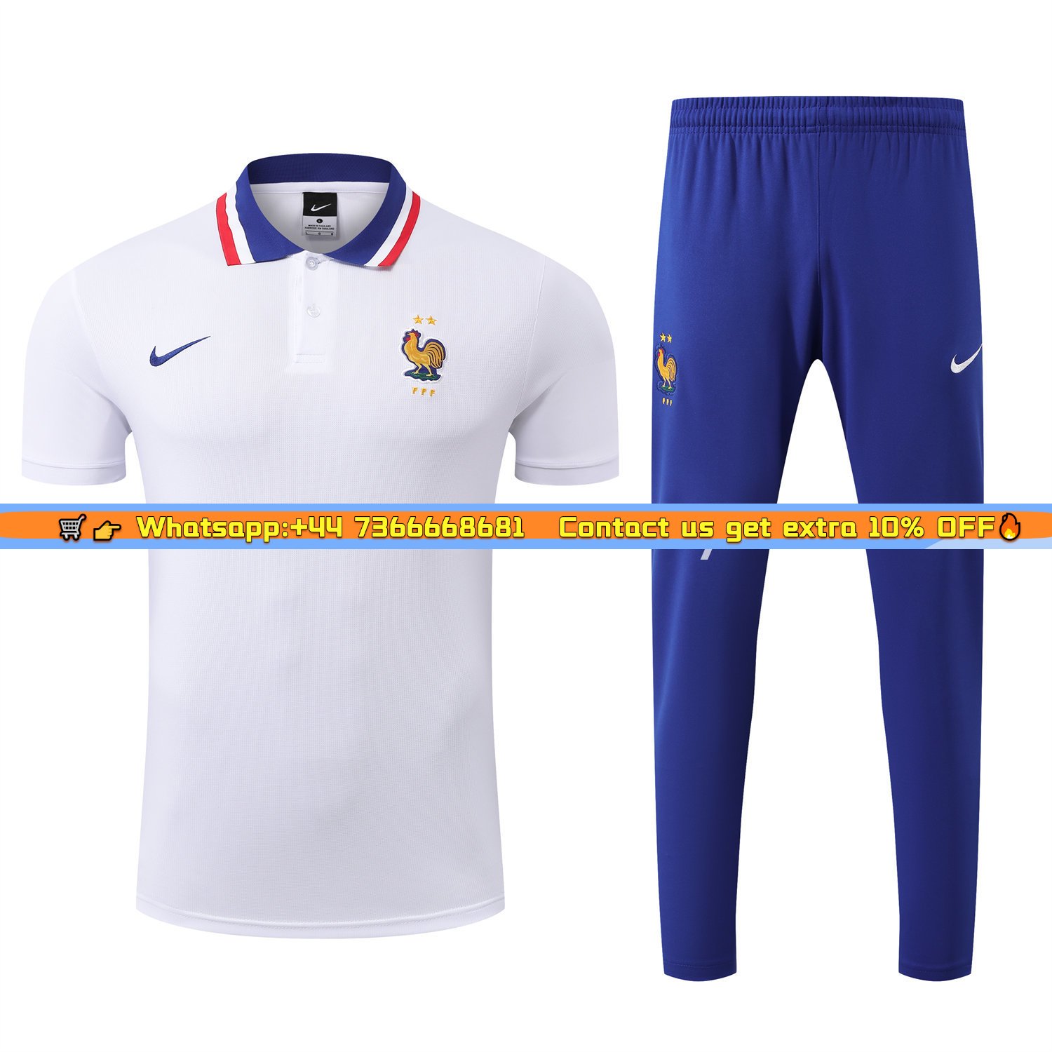 France 25-26 POLO Short-Sleeve Training Set - White Top and Blue Pants