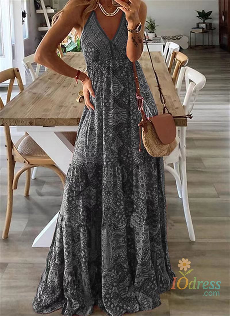 IO Dress Bohemian Style Women's Clothing Long Dress New  Suspender Long Dress High Waist V-neck Printed Floral Dress Women's Clothing