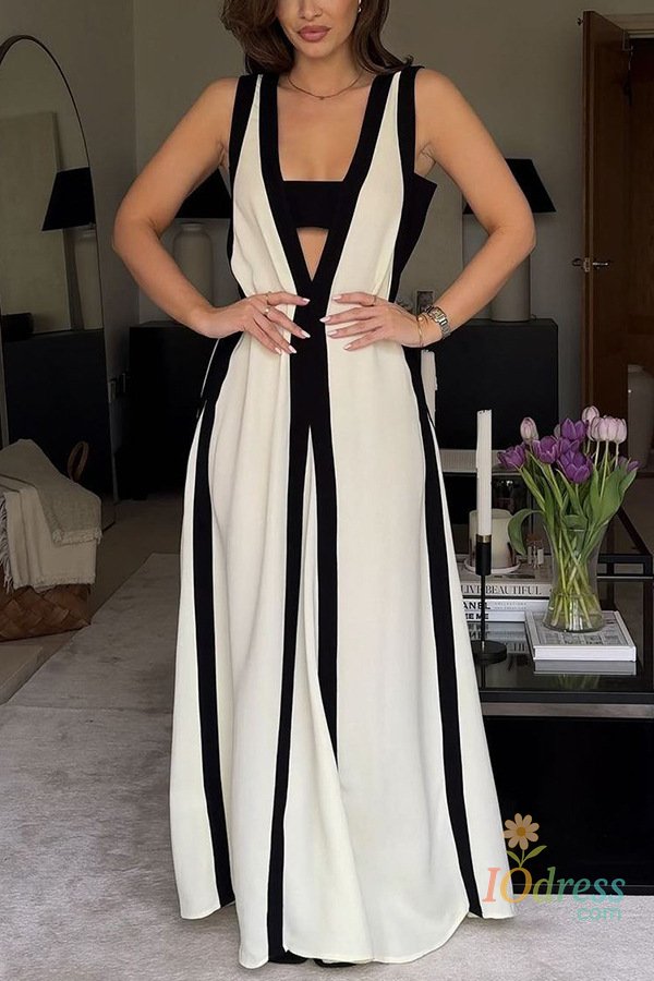 IO Dress Summer Women's Sexy Double-sided V-neck Contrasting Casual Dress Elegant Woman Striped Sleeveless Party Dresses Mxai Vestidos