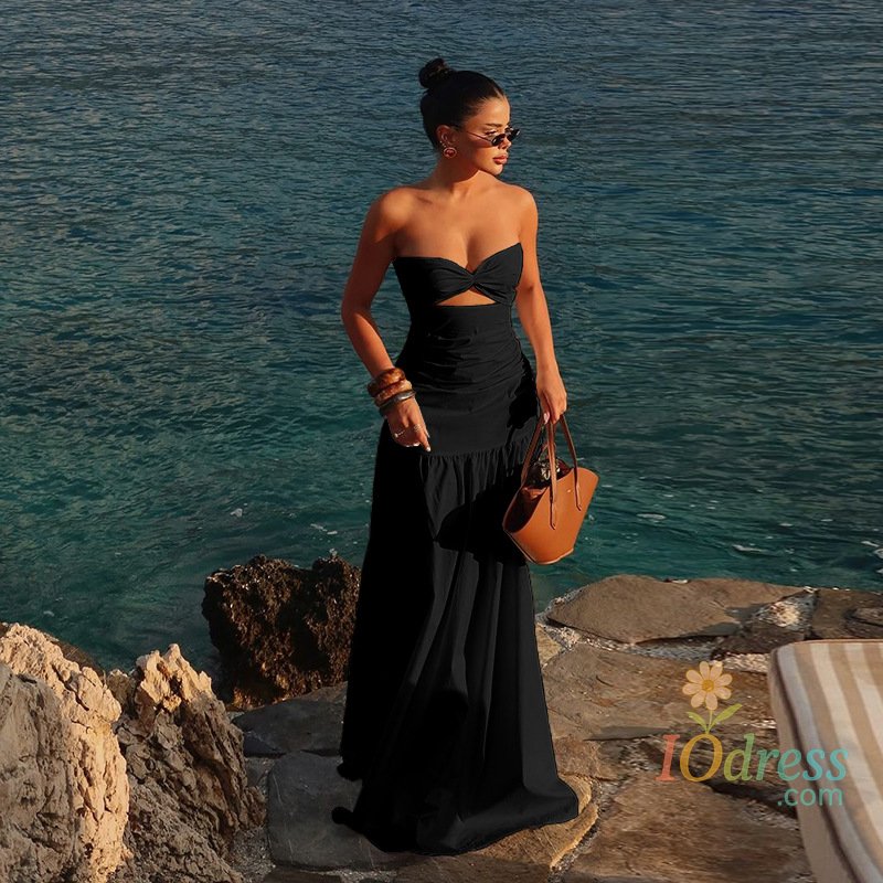 IO Dress Women's Hot Girl Simple Solid Color Sleeveless Beach Skirt Holiday Strapless High Waist Women's Long Sleeveless Hollow Dress