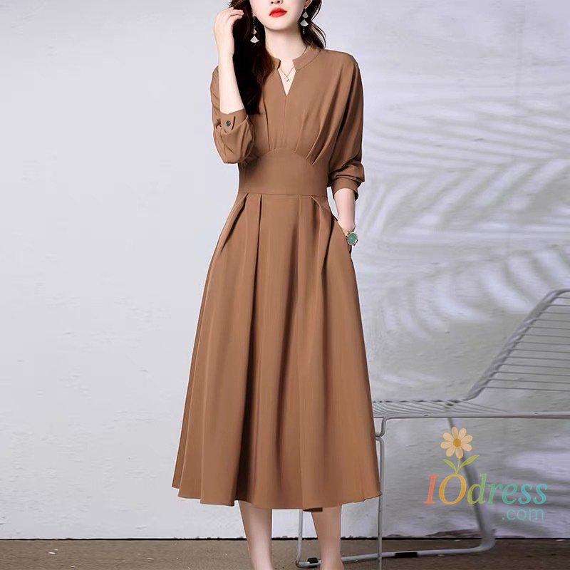 IO Dress Women's Dress, Spring dress, Midi Waistline, Long Sleeve, V neck, Solid Dress, New Model, Youthful And Slimming, Elegant  Dress