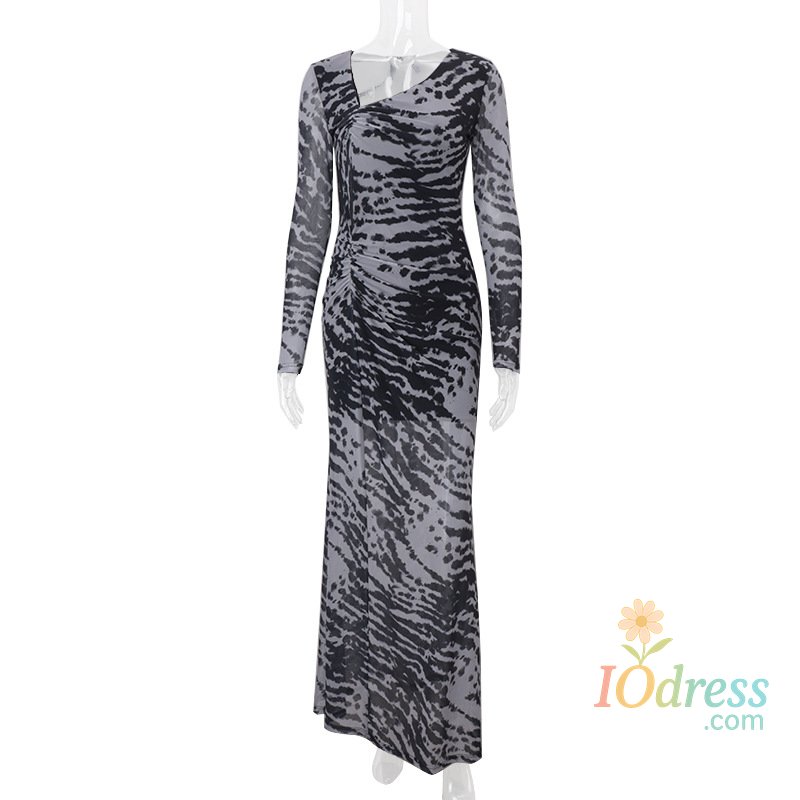 IO Dress Vintage Zebra Print Maxi Dress for Women Fashion Mesh Long Sleeve Slim Party Dresses Autumn Winter Sexy Off-shoulder Dress 2025