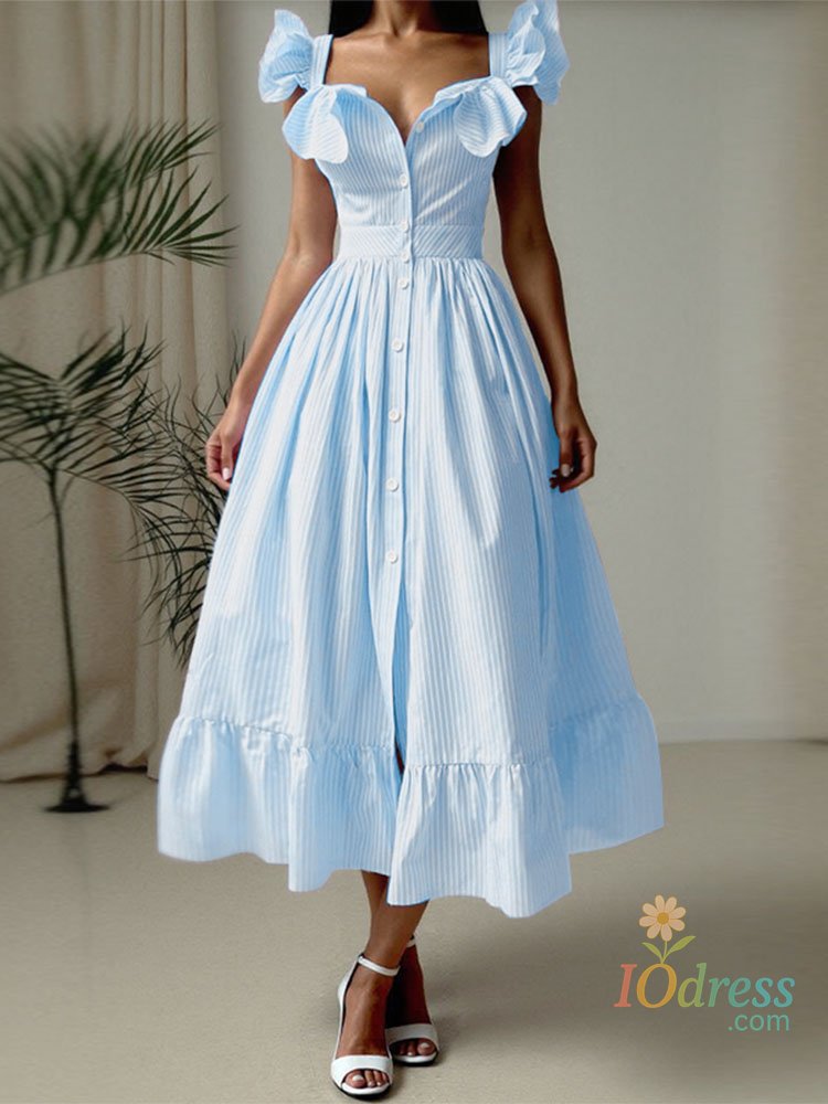 IO Dress Shop 2025 Summer Women Dress Vintage Striped Print Sexy Ruffled Sleeveless Robe Swing Midi Vestido Buttons Beach Holiday Dress