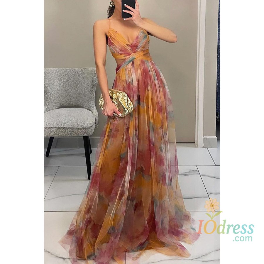 IO Dress Women's S-XL Size Spring Summer Mesh Printed Hanging Dress Elegant Women Dress Fashion Slimming Versatile Lady&lsquo;s Party Dress