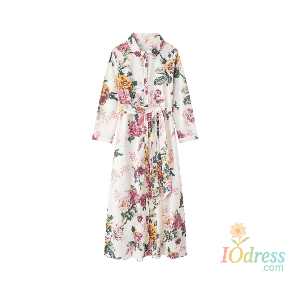 IO Dress TRZA-Women's Floral Print Midi Shirt Dress with Belt, Long Sleeve, Button-up, Female Dresses, Chic Fashion