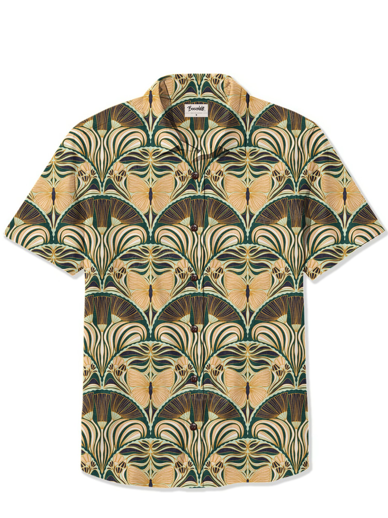 【Claudia S. Design X Boozelele】Gatsby Fan Glamour Symmetrical Deco with Ornate Butterfly Dark Green Large  - 100% Cotton Shirt