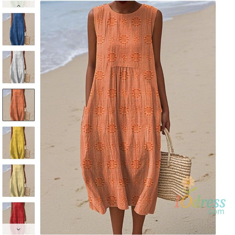 IO Dress Spring Summer Fashion New Sleeveless Print Loose Midi Dresses For Women Casual O-neck Pocket A-line Dress Ladies Beach Dress