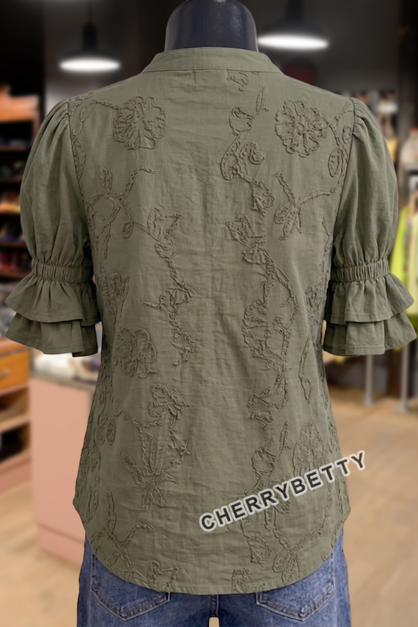Elegant Flower Embroidered V-Neck Puff Sleeve Top