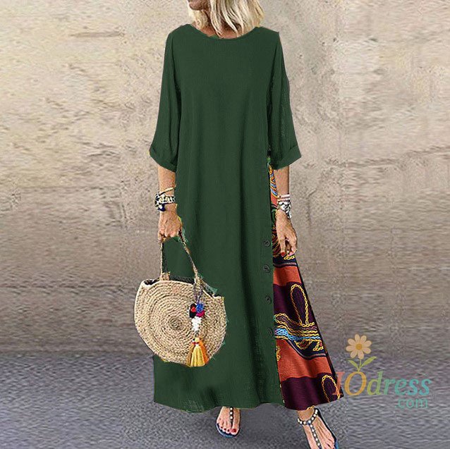 IO Dress Cotton Linen Vintage Long Dresses Women Three Quarter Sleeves Splicing Print Loose A-line Dress Fashion Casual Lady Maxi Vestido