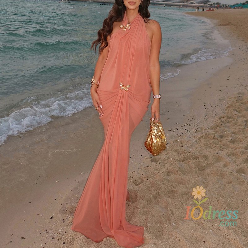 IO Dress Fashion Backless Women Summer Dress Mesh Wrap Solid Color Evening Dress Sexy Ladies Halter Neck Sleeveless Hollow Out Long Dress