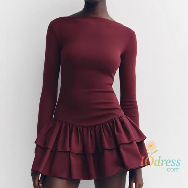 IO Dress Women Fashion Solid Tierred Ruffle A-Line Dress Spring Elegant O Neck Slim Fit Mini Dress Autumn Long Sleeve Simple Boho Dresses