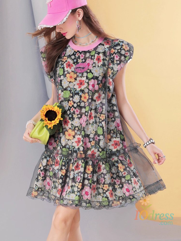 IO Dress Women&rsquo;s Layered Floral Mesh Dress Summer Sheer Overlay A-Line Dress with Black Tulle Outer Layer and Sleeveless Design