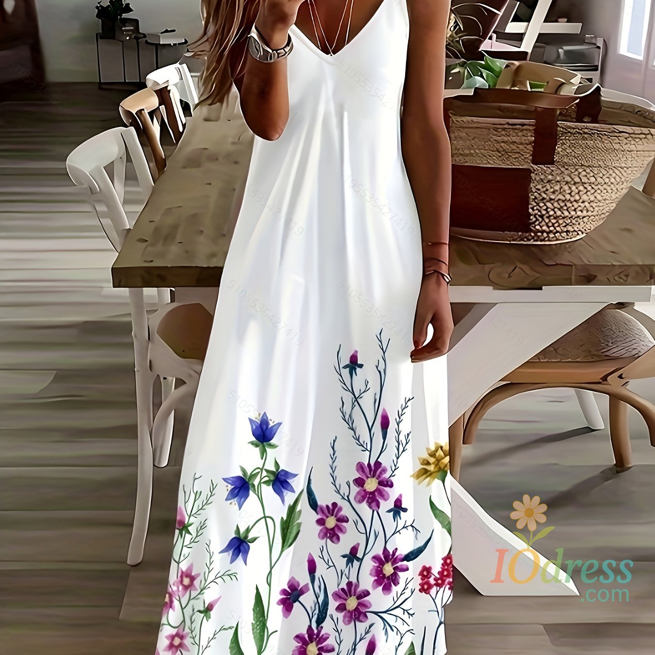 IO Dress Women's Casual Fashion Loose V Neck Spaghetti Straps Long Dress Fresh Flower Print Maxi Dress Summer Beach Vacation Long Dress