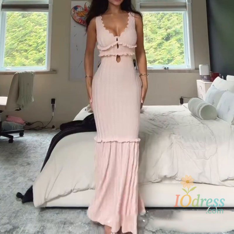 IO Dress Women Sexy V Neck Wave Ruffle Long Dress Spring Solid High Waist Slim Pleated Party Dress 2025 Summer Sleeveless Knit Boho Dress